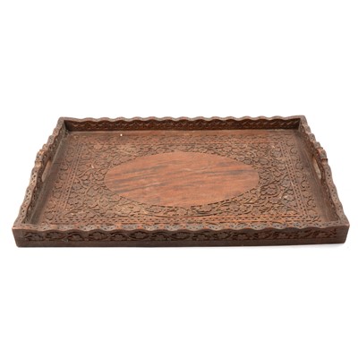 Lot 168 - Indian carved table with brass inlay, similar box, tray and a bowl.