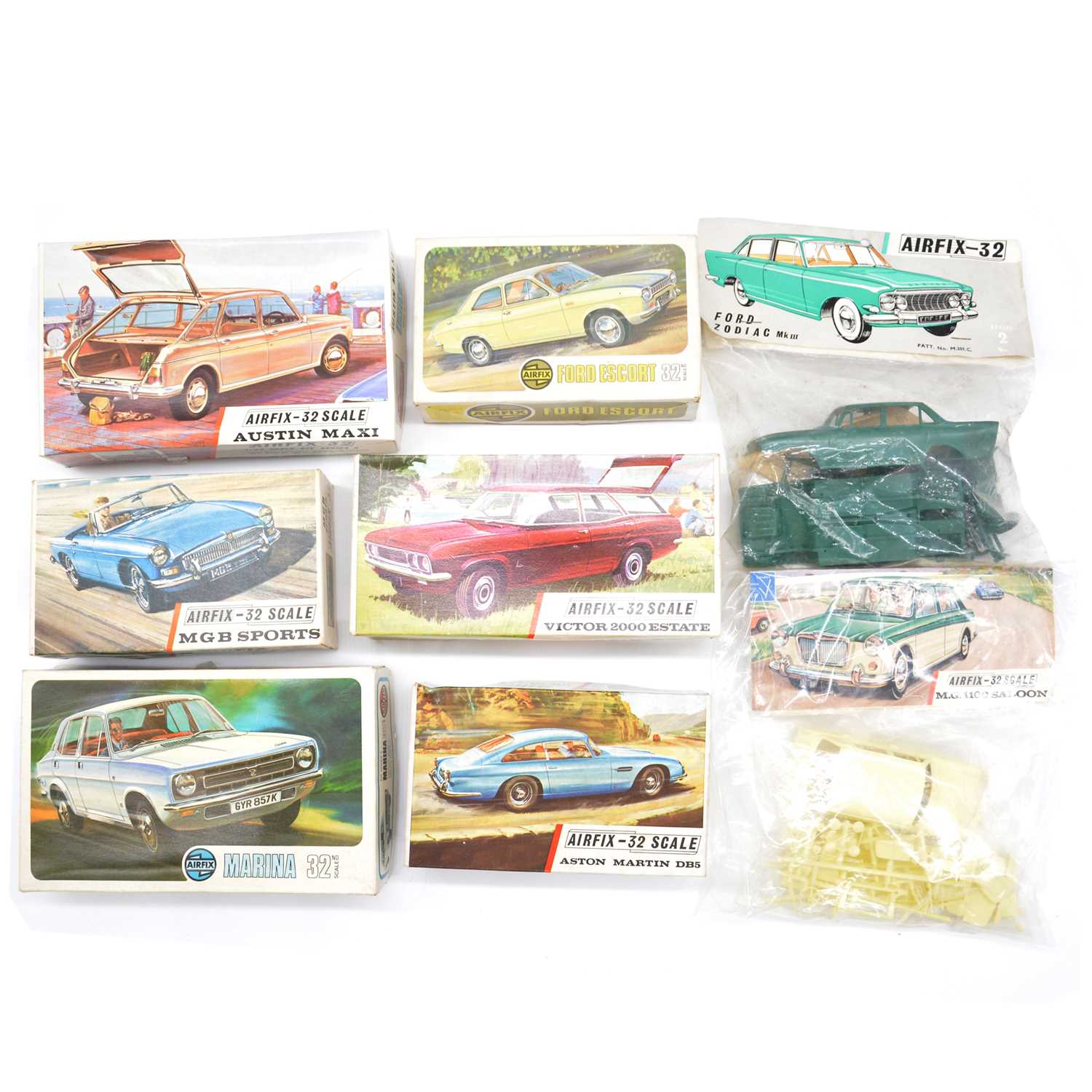 Lot 388 - Eight Airfix plastic model car kits including Aston Martin DB5; Victor 2000 Estate etc