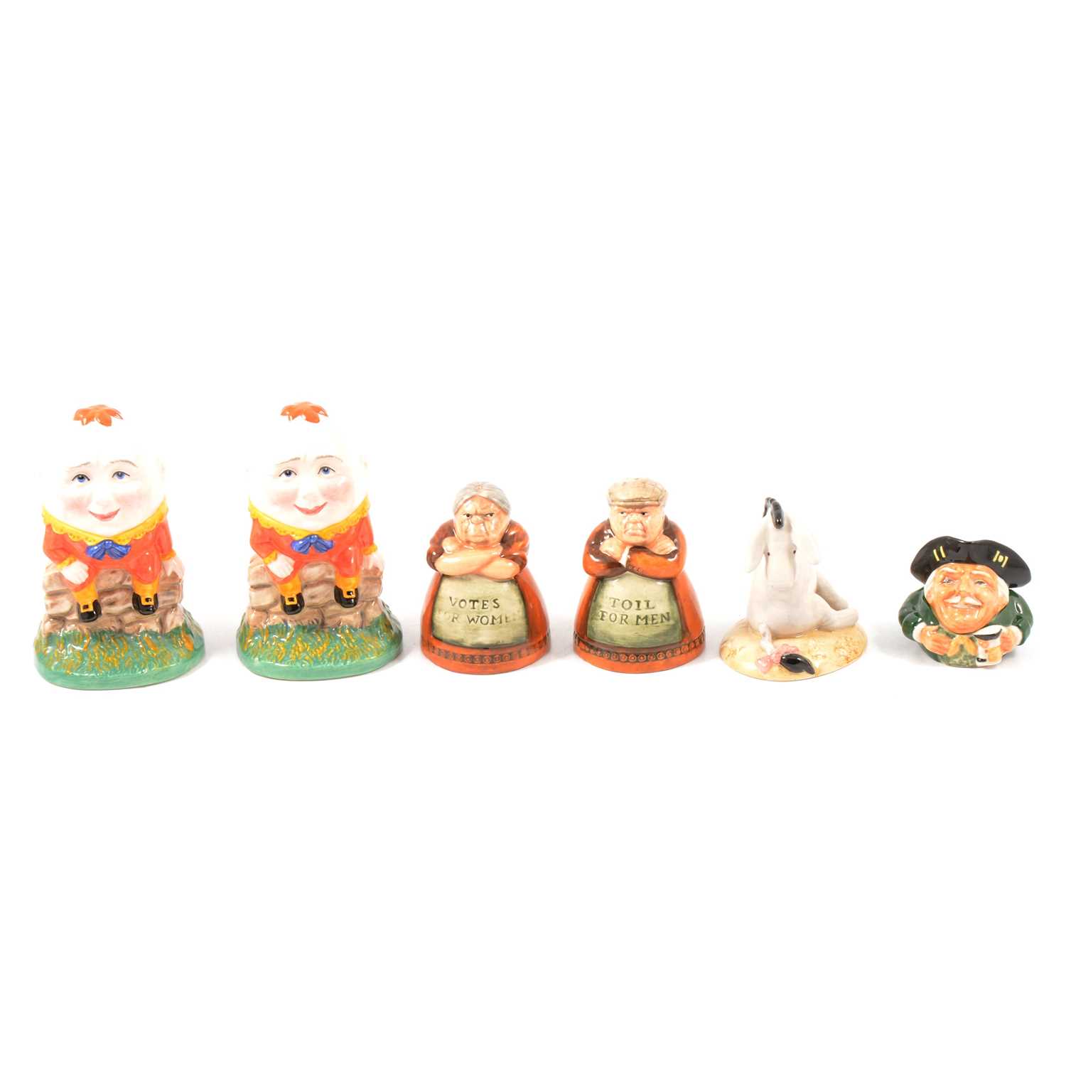 Lot 49 - Five Royal Doulton figurines and salt and pepper shakers, and a Kevin Francis face pot.