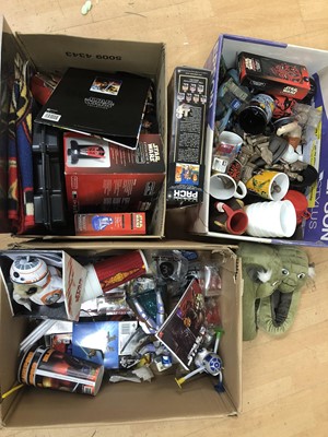 Lot 416 - Star Wars memorabilia, three boxes full including watches, candy etc.