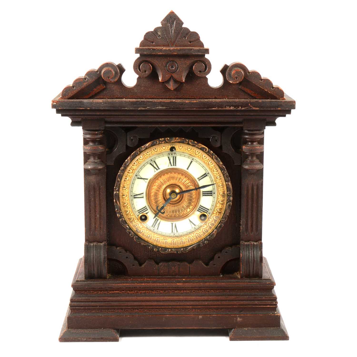 Lot 158 - American stained wood automatic alarm shelf clock by Ansonia Clock Co