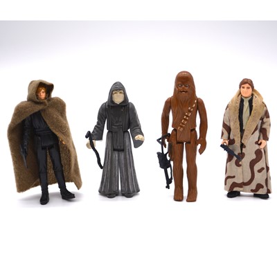 Lot 396 - Four Star Wars original figures, including Chewbacca; Han Solo (in trench coat) etc