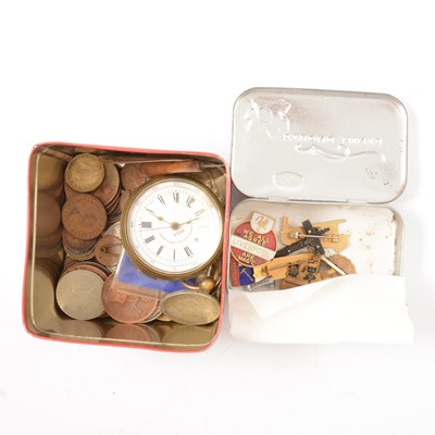 Lot 238 - A small selection of badges, including 9ct gold pin badge, silver badge, pocket watch, and coins.