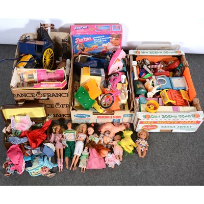 Lot 13 - Three boxes of Barbie, Sindy and Pippa dolls, accessories and furniture.