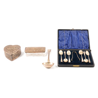 Lot 259 - SIlver ladle, silver mounted glass box, cased set of teaspoons and tongs, etc.