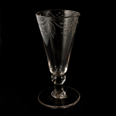 Lot 118 - Georgian ale glass, conical bowl engraved, circular foot, 12.5cm.