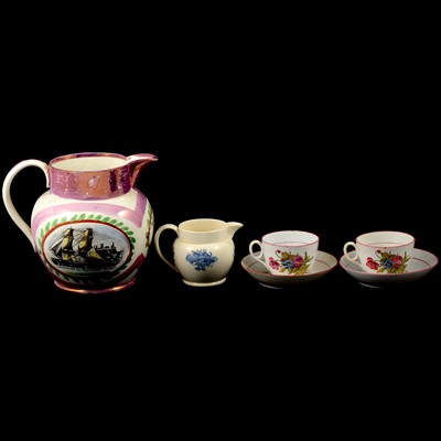 Lot 98 - Pair of New Hall cups and Saucers, Sunderland lustre jug, and a Rex Whistler jug