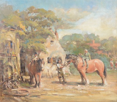 Lot 346 - English School, Shire horses outside farm buildings