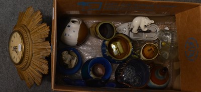 Lot 69 - Quantity of studio pottery, decorative ceramics, and a Smiths starburst wall clock