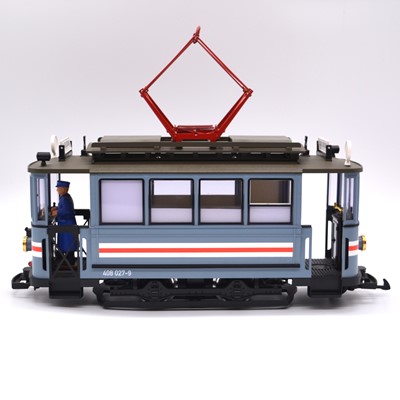 Lot 163 - LGB G scale model railway electric locomotive, 22355 'Arbeitswagen' tram, 408 027-9