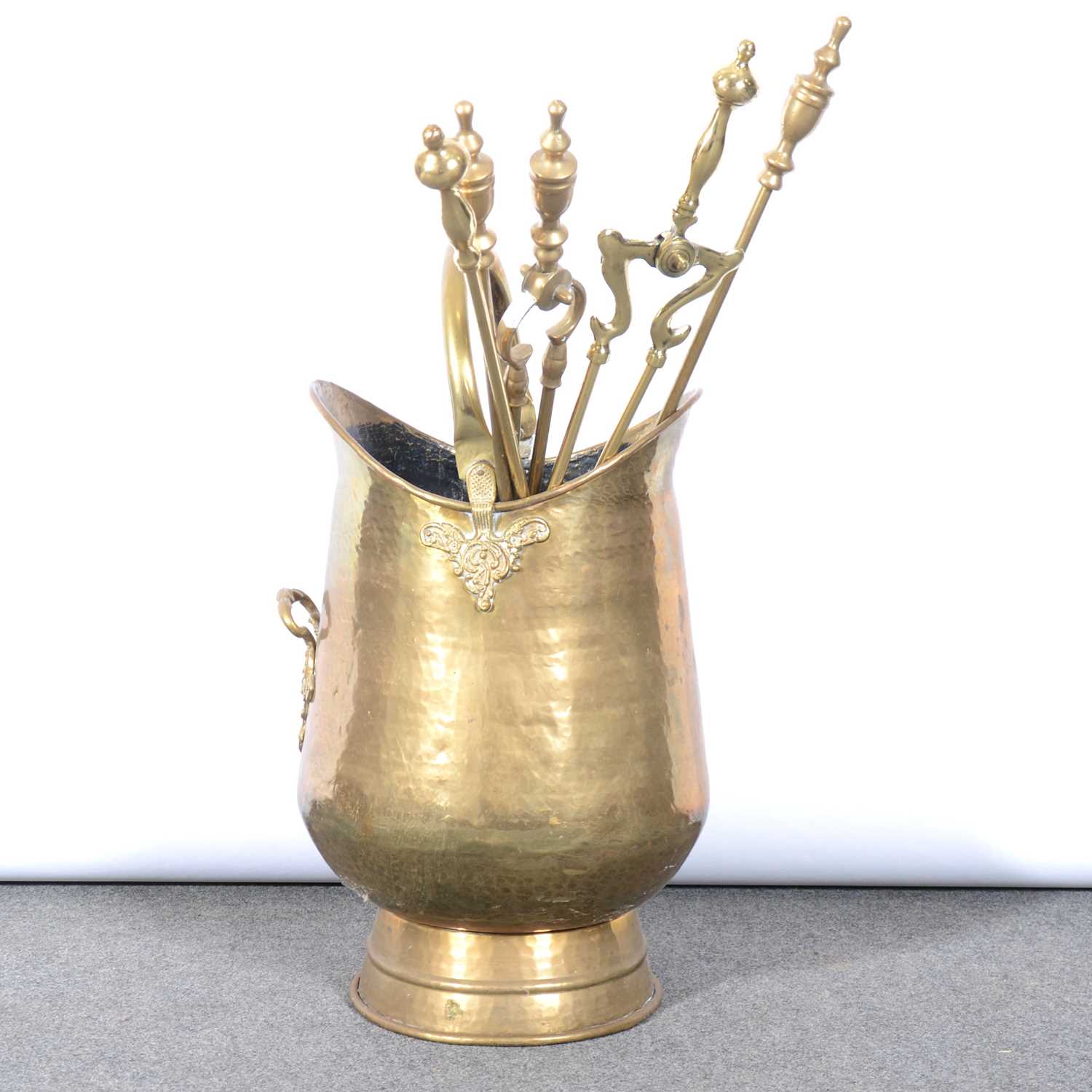 Lot 482 - Brass coal bucket and fire irons.