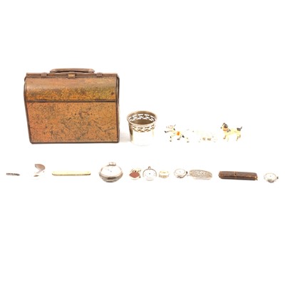 Lot 429 - A Huntley & Palmers Gladstone Bag tin, watches, seal, fruit knives, pill box etc.