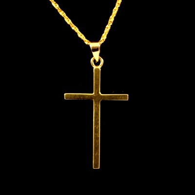 Lot 219 - A yellow metal cross and chain marked 750.