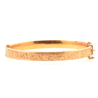 Lot 161 - A 9 carat yellow gold Victorian style hollow half hinged bangle