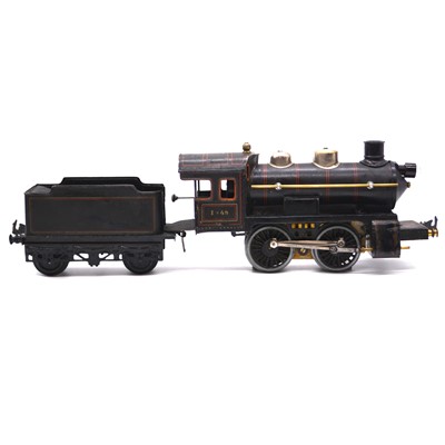 Lot 128 - Bing O gauge model railway electric locomotive with tender, 0-4-0, I=48, black body, 3-rail.