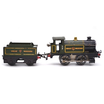 Lot 143 - Hornby O gauge model railway clock-work locomotive with tender, Great Western 0-4-0
