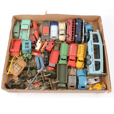 Lot 223 - One tray of loose playworn die-cast models and vehicles, including Dinky Toys car transporter