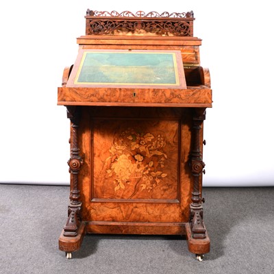 Lot 363 - Victorian burr walnut and marquetry piano top davenport desk, by Druce & Co.