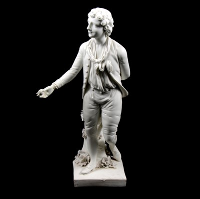Lot 114 - A Derby biscuit figure, Young gardener with a basket of fruit