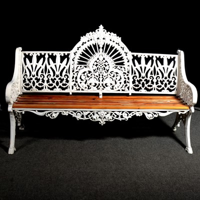 Lot 582 - Coalbrookdale style cast metal garden bench and two tables