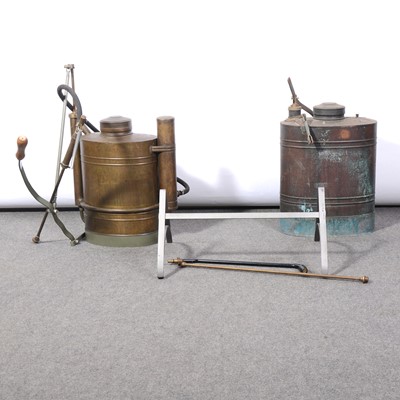 Lot 574 - Two French copper Lenurb garden backpack sprayers.