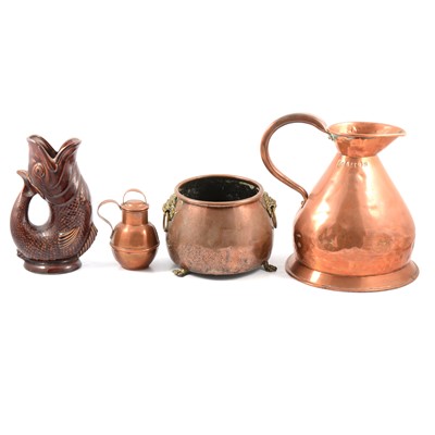 Lot 177 - Copper gallon haystack measure, jardiniere, Guernsey hotwater pot, and a Dartmouth Fish decanter.