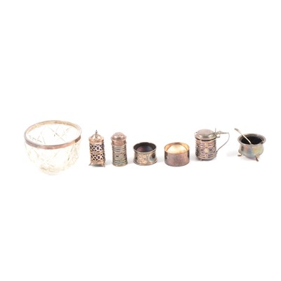 Lot 240 - Edwardian two-piece silver condiments set, William Aitken, Birmingham 1904, and other small silver items.