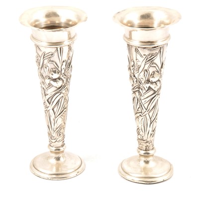 Lot 237 - Pair of Edwardian silver trumpet shape vases, William Comyns, London 1907.