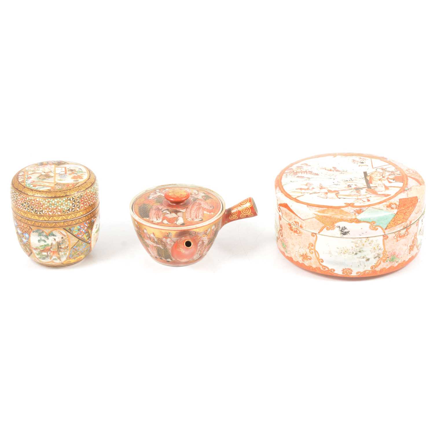 Lot 7 - Two Japanese Satsuma covered bowls and a miniature teapot