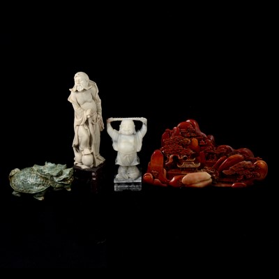 Lot 220 - Four Chinese carved figures, a lion,  a landscape