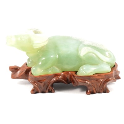 Lot 211 - Chinese carved Jade-style figure of a reclining water buffalo, on stand
