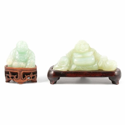 Lot 212 - Two Chinese carved jadeite models, Hotei, on stands
