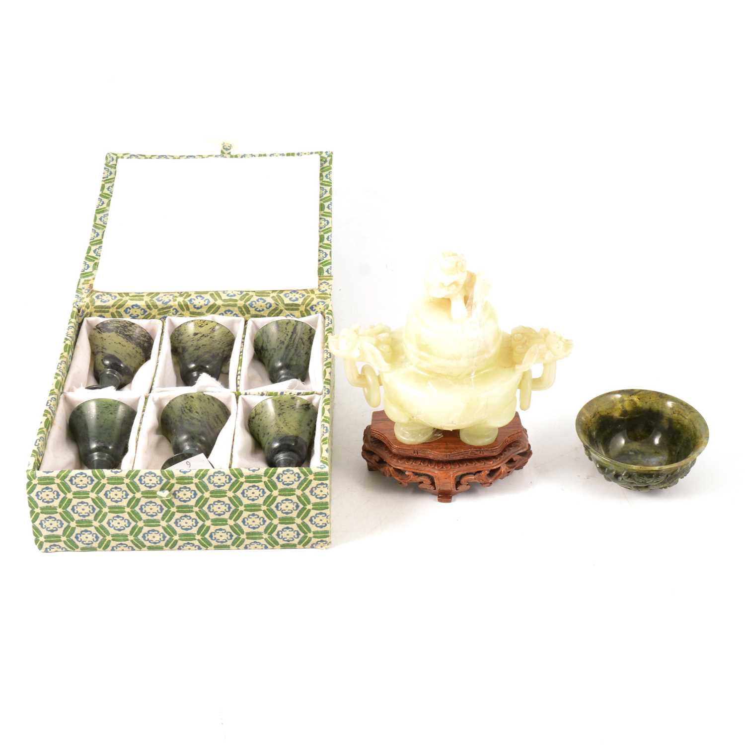 Lot 218 - Chinese carved small bowl, and a vase with lion handles and finial, boxed set of six small cups