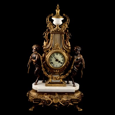 Lot 203 - Gilt metal and white marble three-piece clock garniture, striking on a gong
