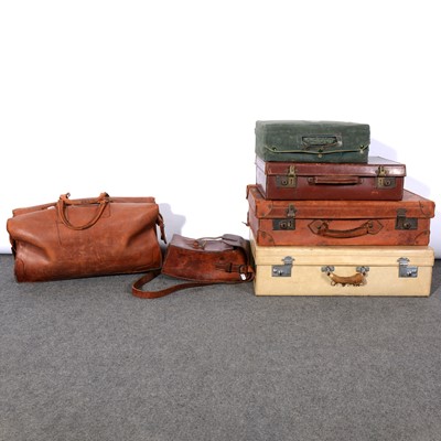 Lot 391 - A collection of luggage, leather cartridge bag and belt, vanity case, suitcases.