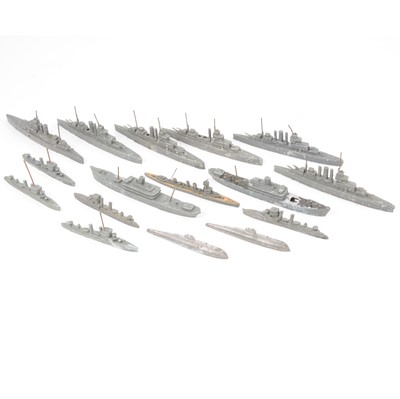 Lot 49 - Lead model toy ships, sixteen mostly military boats including two submarines.
