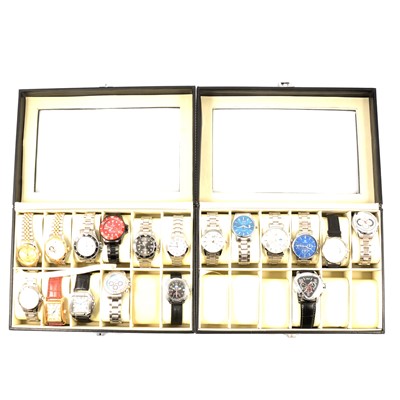 Lot 315 - D G Judd - Tevise - Lorio - Sekonda etc- eighteen wristwatches in two twelve section storage boxes.