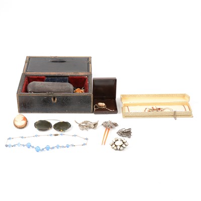 Lot 449 - An Edwardian jewel box with brooches, spectacles, cut steel.