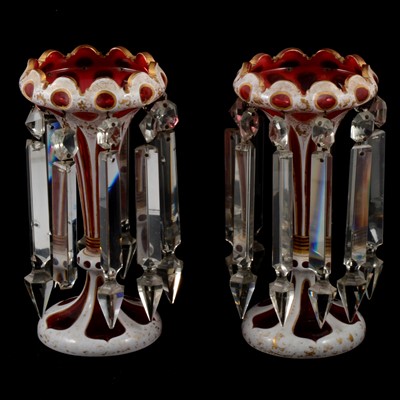 Lot 114 - Pair of Victorian opaque overlaid ruby glass lustres
