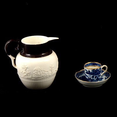 Lot 49 - Caughley blue and white coffee can and saucer, and a stoneware jug