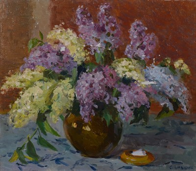 Lot 454 - S Aivshin, Lilac, signed in cyrillic, oil on...