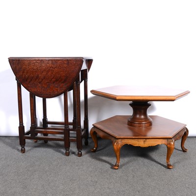 Lot 524 - Small oak gateleg table,  and a walnut veneered hexagonal table