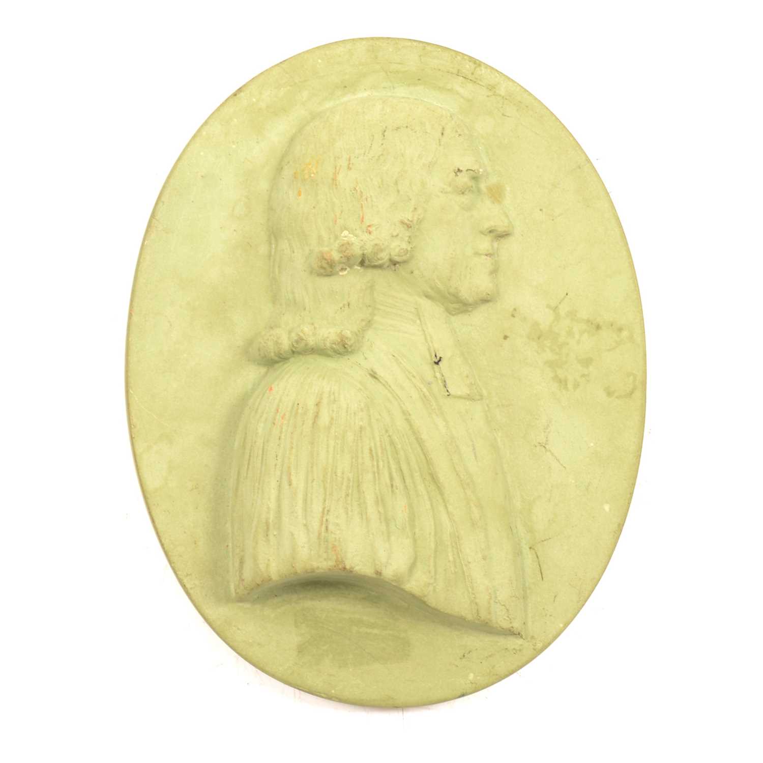 Lot 117 - Staffordshire green stoneware oval portrait medallion, John Wesley