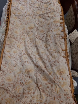 Lot 358 - Quantity of material, including long-stitch curtains, drapes, covers, velvet, and table linen