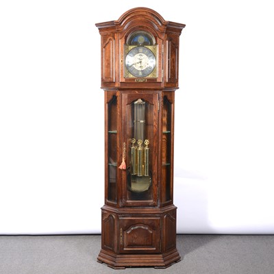 Lot 324 - Modern oak case corner longcase clock, movement striking on gongs, by Interclock