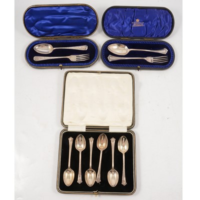 Lot 301 - Set of six silver teaspoons, James Deakin & Son, Sheffield, 1915, and two other sets of silver flatware.