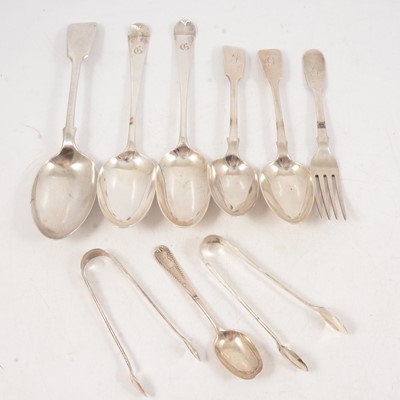 Lot 309 - Pair of early George III silver tablespoons, John Muns, London, date mark rubbed, and other silver flatware.