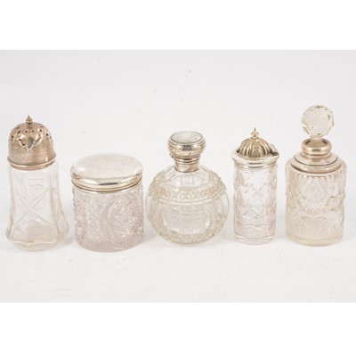 Lot 280 - Silver-mounted cut-glass scent bottle, Levi & Salaman, Birmingham 1912, and four other similar items.