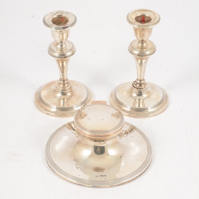 Lot 305 - Silver capstan-shape inkwell, Walker & Hall, Sheffield 1922, and pair of small silver candlesticks.