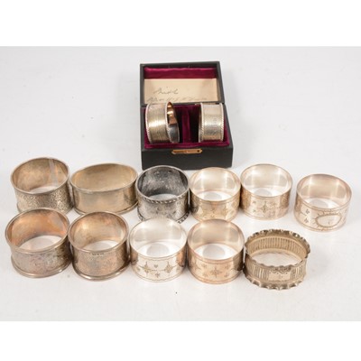 Lot 286 - Pair of silver napkin rings, John Edward Wilmot, Birmingham 1906, and other silver and plated napkin rings.